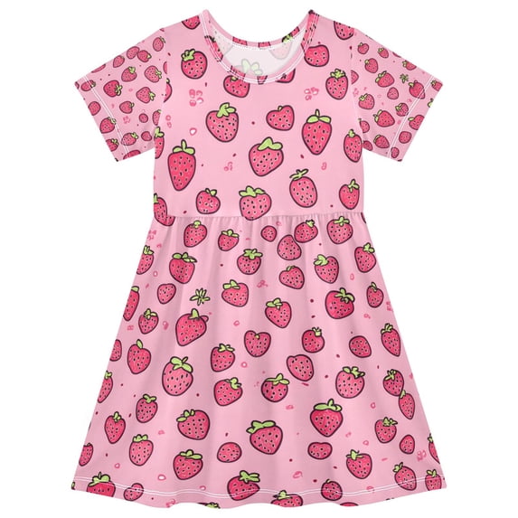 FORMRS Girls Short Sleeve Dress Summer Casual Round Neck A-line Beach Sundress, Sizes 2T-8T, Strawberry Bliss