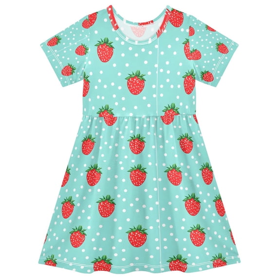 FORMRS Girls Short Sleeve Dress Summer Casual Round Neck A-line Beach Sundress, Sizes 2T-8T, Strawberry Pattern