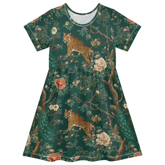 FORMRS Girls Short Sleeve Dress Summer Casual Round Neck A-line Beach Sundress, Sizes 2T-8T, Tiger and Peacock Pattern