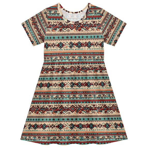 FORMRS Girls Short Sleeve Dress Summer Casual Round Neck A-line Beach Sundress, Sizes 2T-8T, Tribal Art