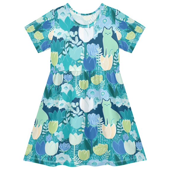 FORMRS Girls Short Sleeve Dress Summer Casual Round Neck A-line Beach Sundress, Sizes 2T-8T, Vibrant Cat Pattern