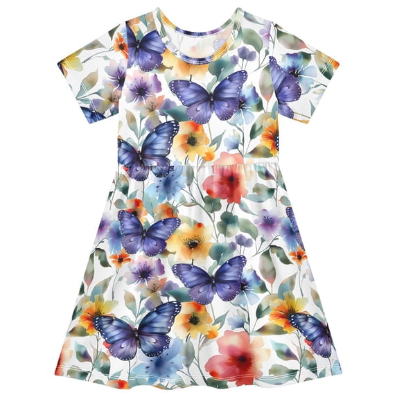 FORMRS Girls Short Sleeve Dress Summer Casual Round Neck A-line Beach Sundress, Sizes 2T-8T, Watercolor Butterfly Pattern