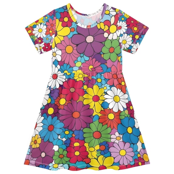 FORMRS Girls Short Sleeve Dress Summer Casual Round Neck A-line Beach Sundress, Sizes 2T-8T, Whimsical Floral