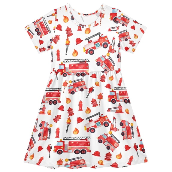 FORMRS Girls Short Sleeve Dress Summer Casual Round Neck A-line Beach Sundress, Sizes 2T-8T, White Cartoon Fire Truck Pattern
