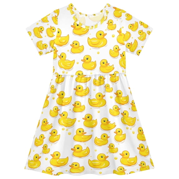 FORMRS Girls Short Sleeve Dress Summer Casual Round Neck A-line Beach Sundress, Sizes 2T-8T, Yellow Rubber Ducks