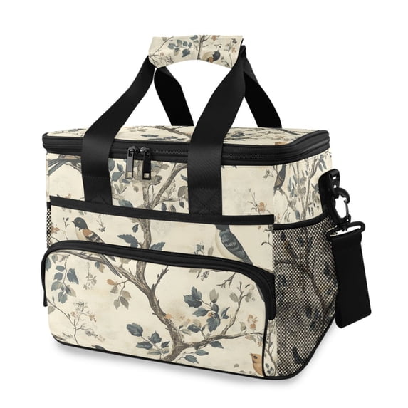 FORMRS Insulated Cooler Bag 24 Cans Capacity Soft Leakproof Lunch Box with Side Pockets, Beige Birds