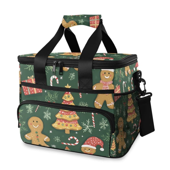 FORMRS Insulated Cooler Bag 24 Cans Capacity Soft Leakproof Lunch Box with Side Pockets, Beige Christmas Gingerbread