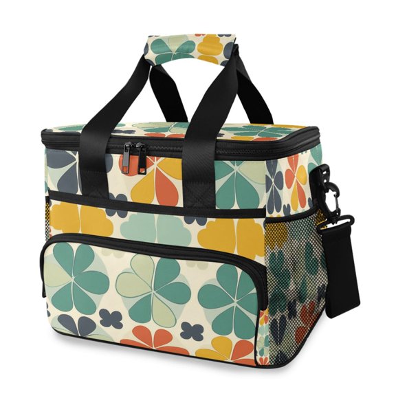 FORMRS Insulated Cooler Bag 24 Cans Capacity Soft Leakproof Lunch Box with Side Pockets, Beige Clover Pattern
