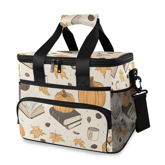 FORMRS Insulated Cooler Bag 24 Cans Capacity Soft Leakproof Lunch Box with Side Pockets, Beige Fall Books