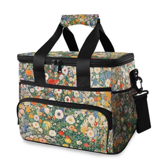 FORMRS Insulated Cooler Bag 24 Cans Capacity Soft Leakproof Lunch Box with Side Pockets, Beige Floral Garden