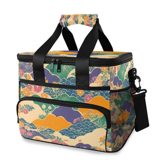 FORMRS Insulated Cooler Bag 24 Cans Capacity Soft Leakproof Lunch Box with Side Pockets, Beige Floral Wave