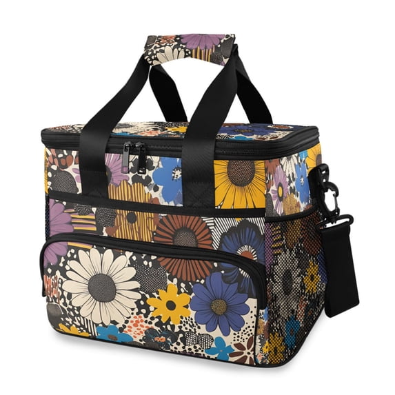 FORMRS Insulated Cooler Bag 24 Cans Capacity Soft Leakproof Lunch Box with Side Pockets, Beige Flowers