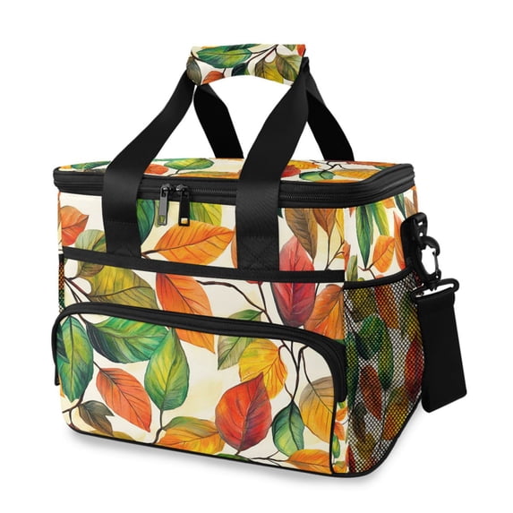 FORMRS Insulated Cooler Bag 24 Cans Capacity Soft Leakproof Lunch Box with Side Pockets, Beige Leaves