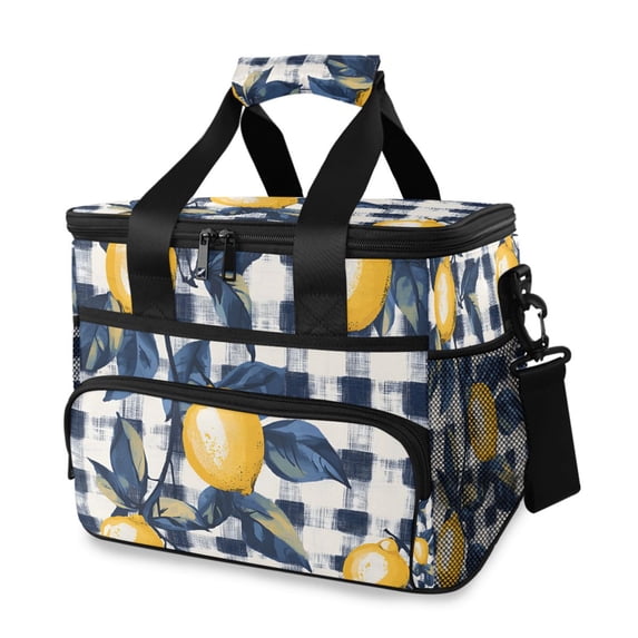 FORMRS Insulated Cooler Bag 24 Cans Capacity Soft Leakproof Lunch Box with Side Pockets, Beige Plaid Lemon