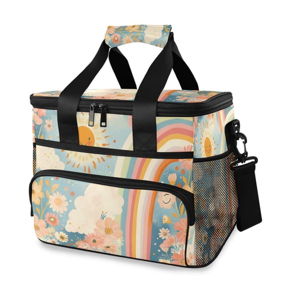 FORMRS Insulated Cooler Bag 24 Cans Capacity Soft Leakproof Lunch Box with Side Pockets, Beige Rainbow Clouds