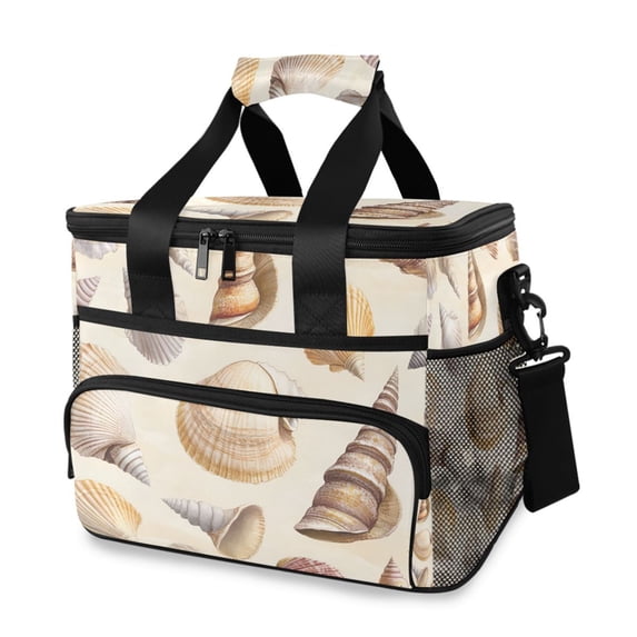 FORMRS Insulated Cooler Bag 24 Cans Capacity Soft Leakproof Lunch Box with Side Pockets, Beige Watercolor Seashells