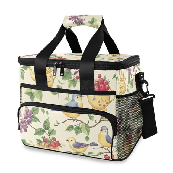 FORMRS Insulated Cooler Bag 24 Cans Capacity Soft Leakproof Lunch Box with Side Pockets, Birds with Strawberries