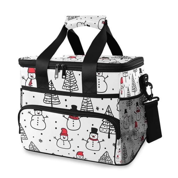 FORMRS Insulated Cooler Bag 24 Cans Capacity Soft Leakproof Lunch Box with Side Pockets, Black Cartoon Snowmen