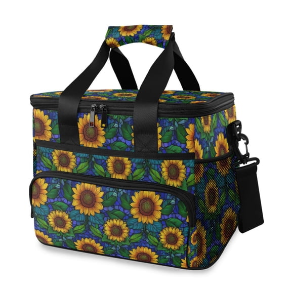 FORMRS Insulated Cooler Bag 24 Cans Capacity Soft Leakproof Lunch Box with Side Pockets, Blue Art Sunflowers