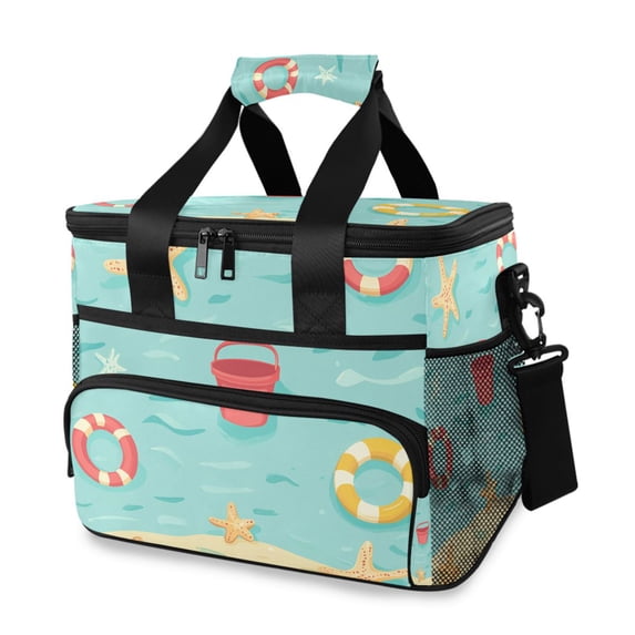 FORMRS Insulated Cooler Bag 24 Cans Capacity Soft Leakproof Lunch Box with Side Pockets, Blue Beach Pattern
