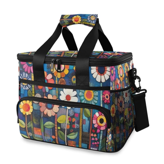 FORMRS Insulated Cooler Bag 24 Cans Capacity Soft Leakproof Lunch Box with Side Pockets, Blue Colorful Flowers
