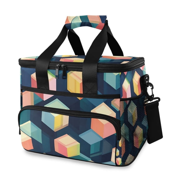 FORMRS Insulated Cooler Bag 24 Cans Capacity Soft Leakproof Lunch Box with Side Pockets, Blue Cubes