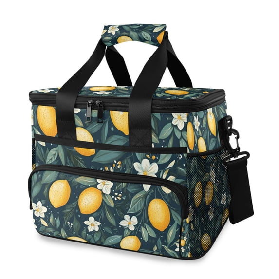 FORMRS Insulated Cooler Bag 24 Cans Capacity Soft Leakproof Lunch Box with Side Pockets, Blue Floral Lemons