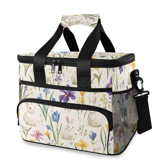 FORMRS Insulated Cooler Bag 24 Cans Capacity Soft Leakproof Lunch Box with Side Pockets, Blue Floral Rabbit