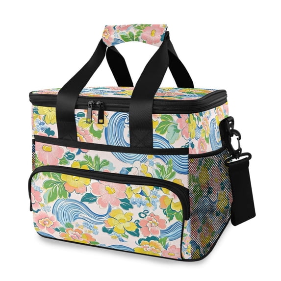 FORMRS Insulated Cooler Bag 24 Cans Capacity Soft Leakproof Lunch Box with Side Pockets, Blue Floral Wave