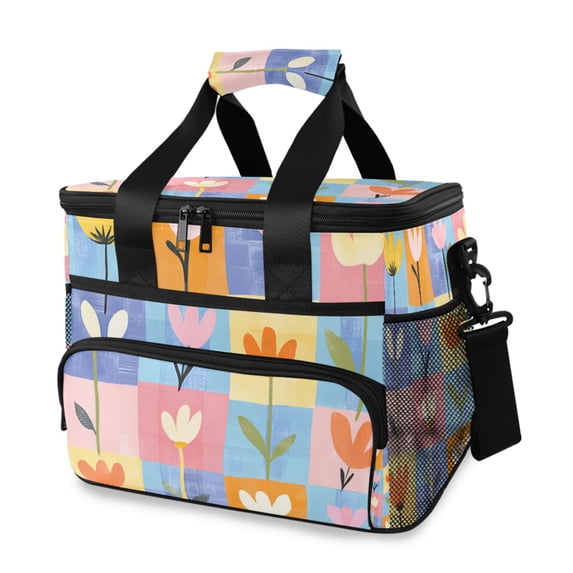 FORMRS Insulated Cooler Bag 24 Cans Capacity Soft Leakproof Lunch Box with Side Pockets, Blue Flowers