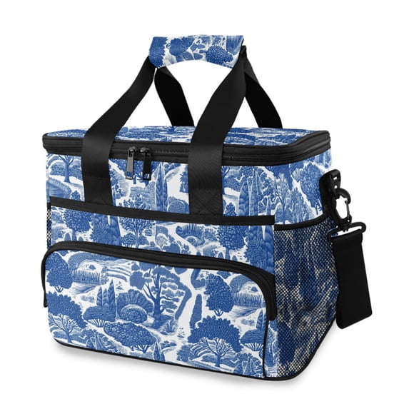 FORMRS Insulated Cooler Bag 24 Cans Capacity Soft Leakproof Lunch Box with Side Pockets, Blue Garden Pattern