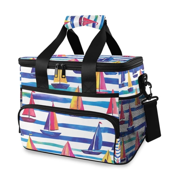 FORMRS Insulated Cooler Bag 24 Cans Capacity Soft Leakproof Lunch Box with Side Pockets, Blue Hand Drawn Sailboats