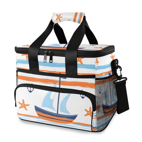 FORMRS Insulated Cooler Bag 24 Cans Capacity Soft Leakproof Lunch Box with Side Pockets, Blue Nautical Pattern