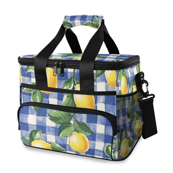 FORMRS Insulated Cooler Bag 24 Cans Capacity Soft Leakproof Lunch Box with Side Pockets, Blue Plaid Lemon