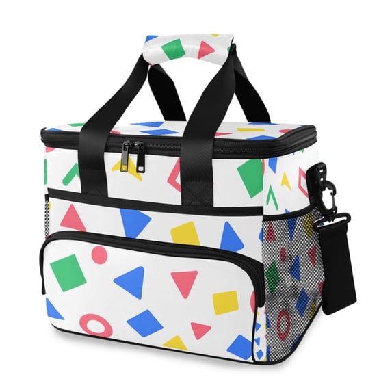 FORMRS Insulated Cooler Bag 24 Cans Capacity Soft Leakproof Lunch Box with Side Pockets, Blue Retro Triangles