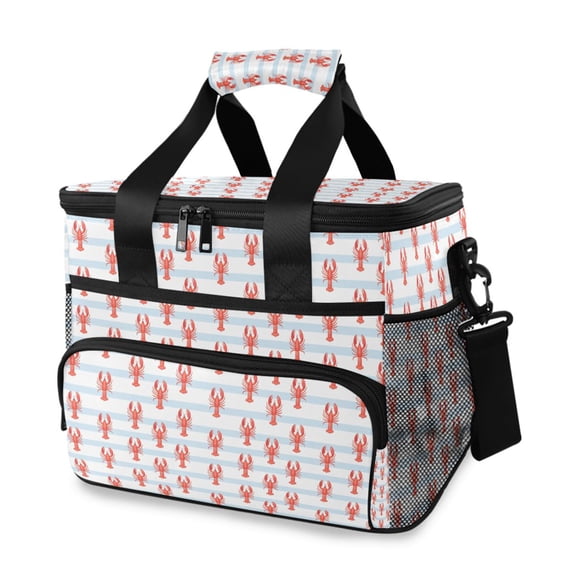 FORMRS Insulated Cooler Bag 24 Cans Capacity Soft Leakproof Lunch Box with Side Pockets, Blue Stripes Lobster Pattern