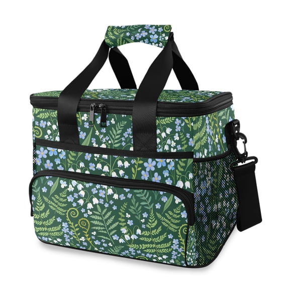 FORMRS Insulated Cooler Bag 24 Cans Capacity Soft Leakproof Lunch Box with Side Pockets, Blue Wildflower Pattern