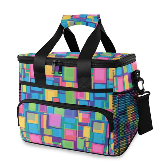 FORMRS Insulated Cooler Bag 24 Cans Capacity Soft Leakproof Lunch Box with Side Pockets, Colorful Geometric Pattern