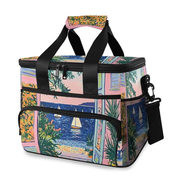 FORMRS Insulated Cooler Bag 24 Cans Capacity Soft Leakproof Lunch Box with Side Pockets, Colorful Seaside