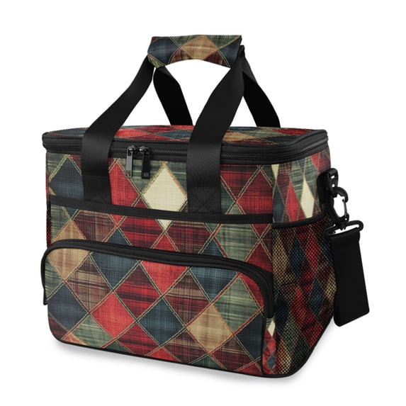 FORMRS Insulated Cooler Bag 24 Cans Capacity Soft Leakproof Lunch Box with Side Pockets, Dark Tartan Pattern