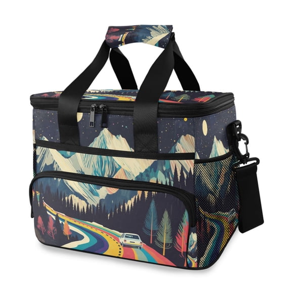 FORMRS Insulated Cooler Bag 24 Cans Capacity Soft Leakproof Lunch Box with Side Pockets, Evening Mountain Road
