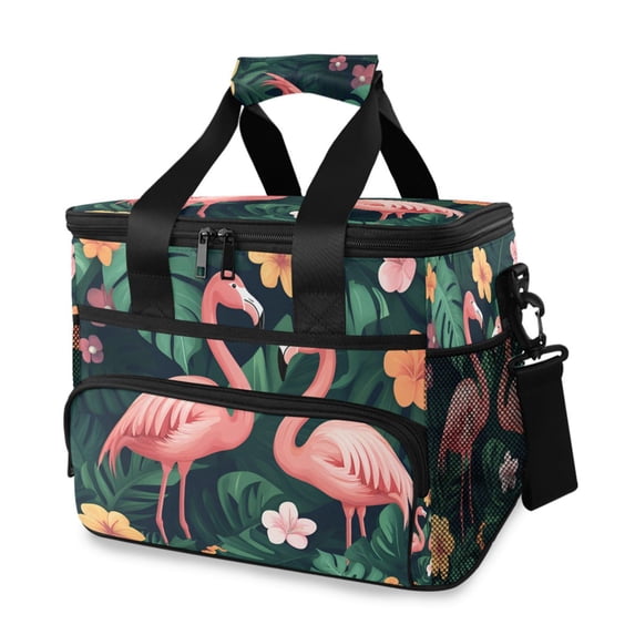 FORMRS Insulated Cooler Bag 24 Cans Capacity Soft Leakproof Lunch Box with Side Pockets, Flamingo Leaves Pattern