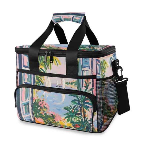 FORMRS Insulated Cooler Bag 24 Cans Capacity Soft Leakproof Lunch Box with Side Pockets, Floral Seaside
