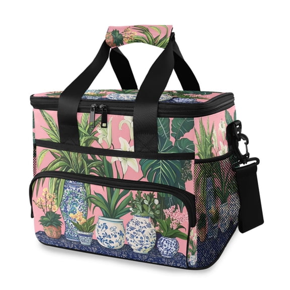 FORMRS Insulated Cooler Bag 24 Cans Capacity Soft Leakproof Lunch Box with Side Pockets, Floral Vase