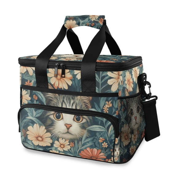 FORMRS Insulated Cooler Bag 24 Cans Capacity Soft Leakproof Lunch Box with Side Pockets, Flowers Cat