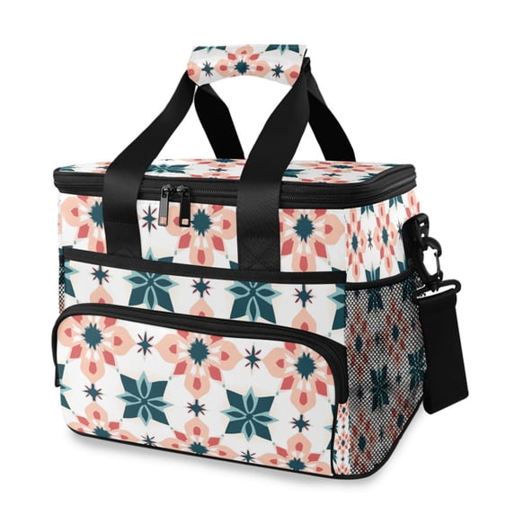 FORMRS Insulated Cooler Bag 24 Cans Capacity Soft Leakproof Lunch Box with Side Pockets, Flowers Geometric Pattern