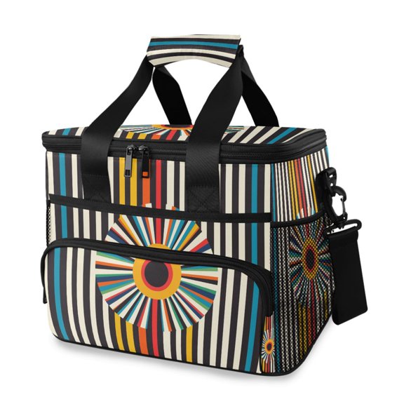 FORMRS Insulated Cooler Bag 24 Cans Capacity Soft Leakproof Lunch Box with Side Pockets, Geometric Stripes
