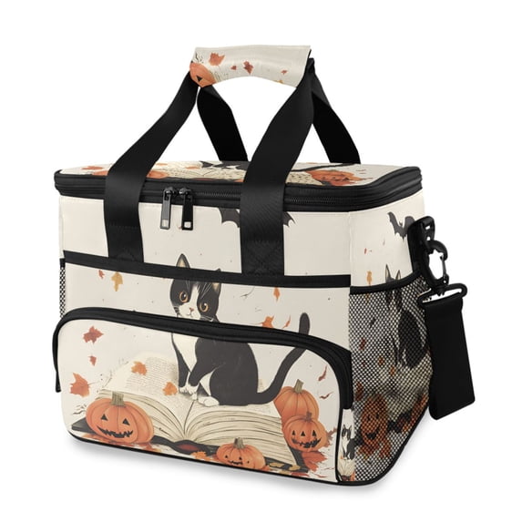 FORMRS Insulated Cooler Bag 24 Cans Capacity Soft Leakproof Lunch Box with Side Pockets, Gray Cartoon Halloween Cat