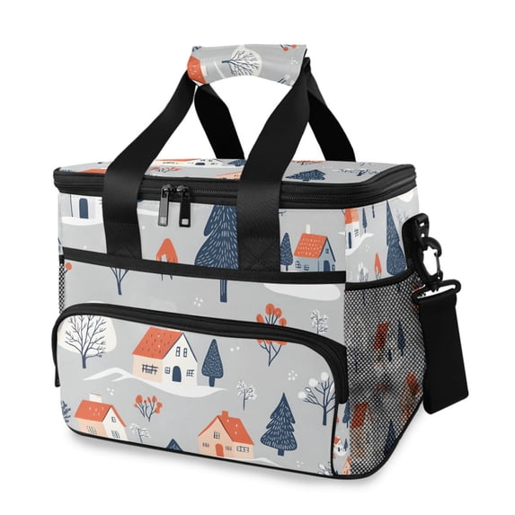 FORMRS Insulated Cooler Bag 24 Cans Capacity Soft Leakproof Lunch Box with Side Pockets, Gray Cartoon Houses