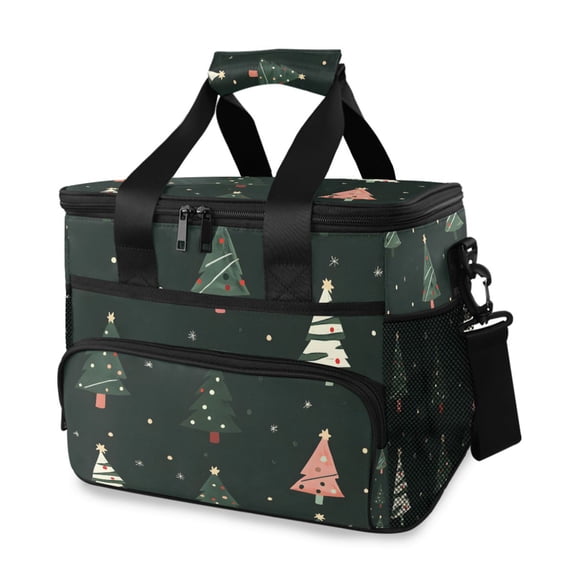 FORMRS Insulated Cooler Bag 24 Cans Capacity Soft Leakproof Lunch Box with Side Pockets, Green Christmas Trees